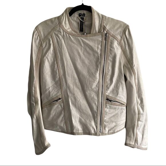 LAMARQUE COLLECTION Alexandra Asymmetrical Linen Leather Moto Biker Jacket M - Picture 5 of 12